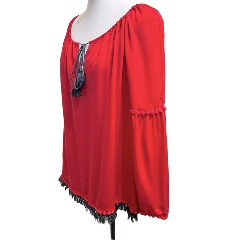 Tory Burch Sylvie blouse Boho /Peasant/Tie Blouse Top‎ RED Fringe Tassel Sz 10